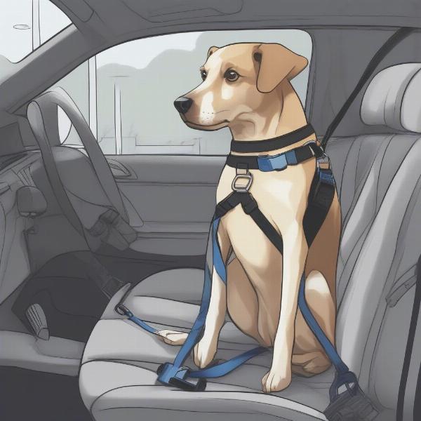 Dog secured in a car safety harness during a sudden brake