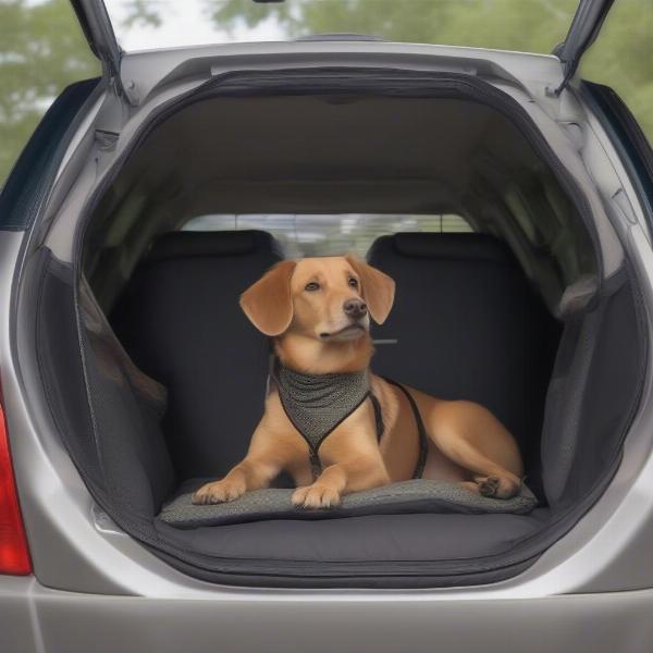 A dog secured in a cargo area hammock in the back of a car.