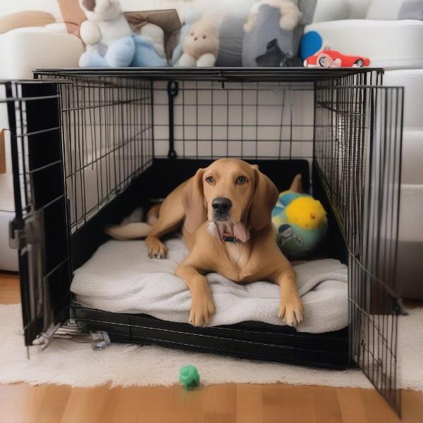 Dog in Crate with Toys