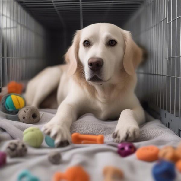 Dog in Crate with Toys