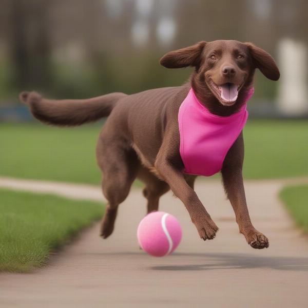 Dog in a pink shirt playing at the park