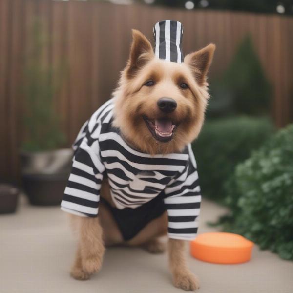 Dog in prisoner costume at a party