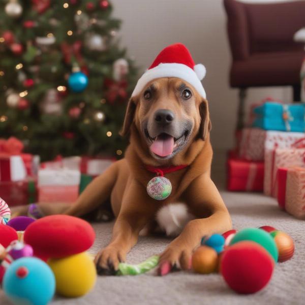 A dog wearing a Santa hat surrounded by Christmas toys.