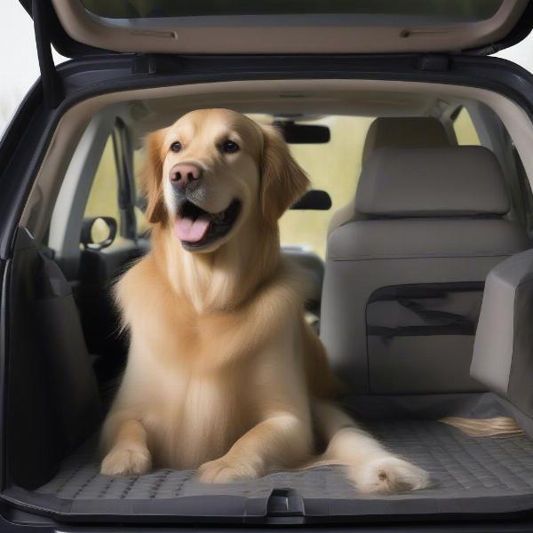 Safe and Happy Dog in Subaru Outback with Car Barrier