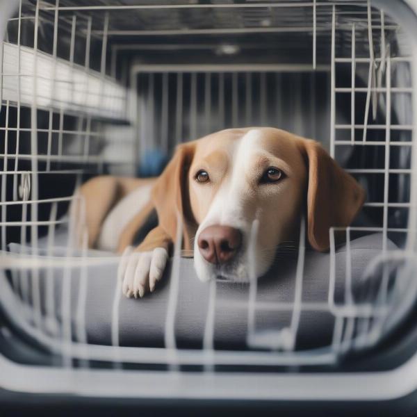 A dog securely and comfortably inside a travel kennel