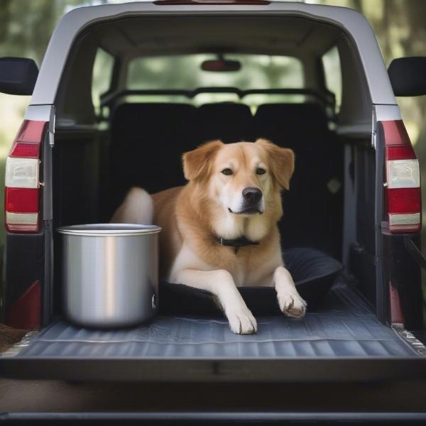 Dog in truck bed kennel with water bowl