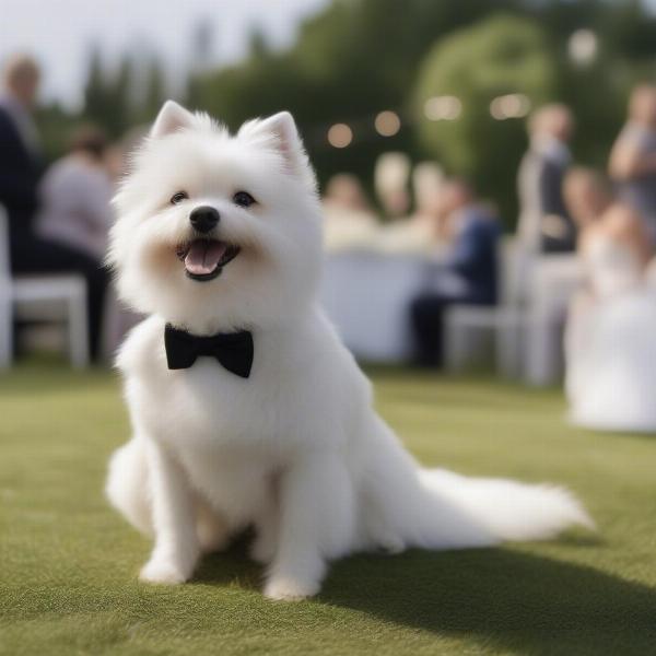 Dog in a tuxedo at a wedding