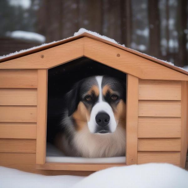 A dog comfortably resting inside a well-insulated wooden dog house during winter.