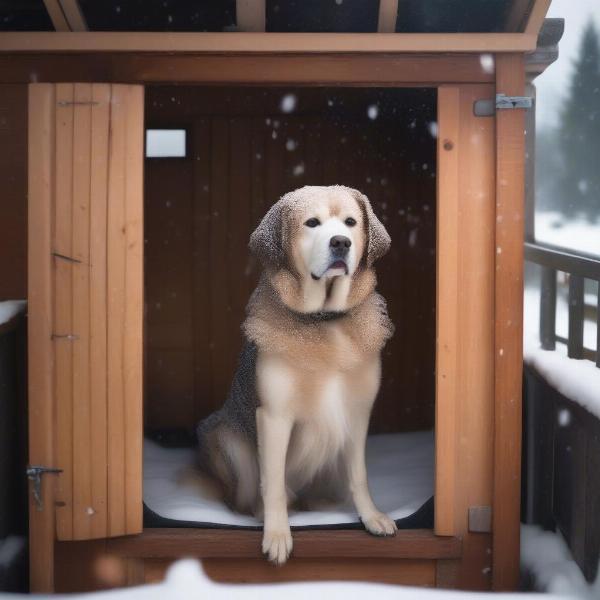 Dog in an insulated kennel during winter