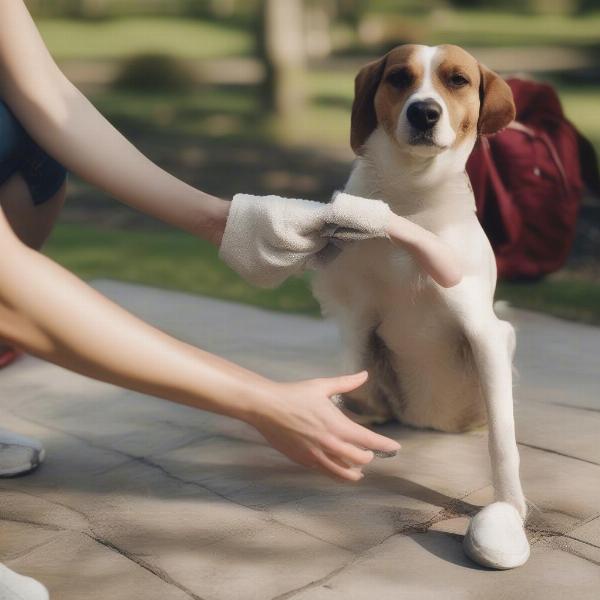 Cleaning dog's paws after a walk