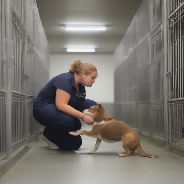 Caring staff member interacting with a dog at a Huntington WV dog kennel