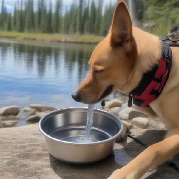 Dog drinking water after hiking Dog Lake Trail