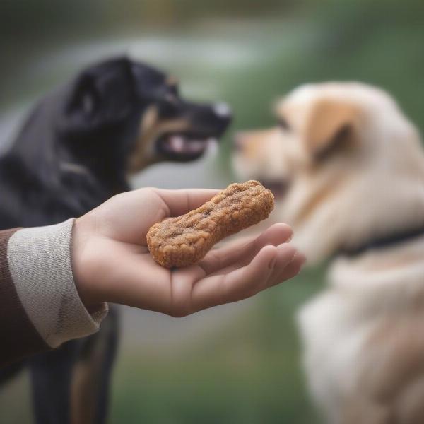 Dog learning the paws up trick with a treat