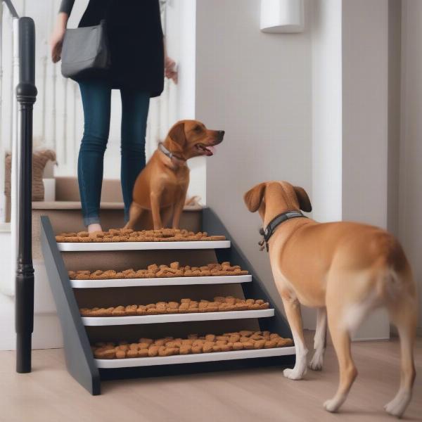 Dog learning to use stairs