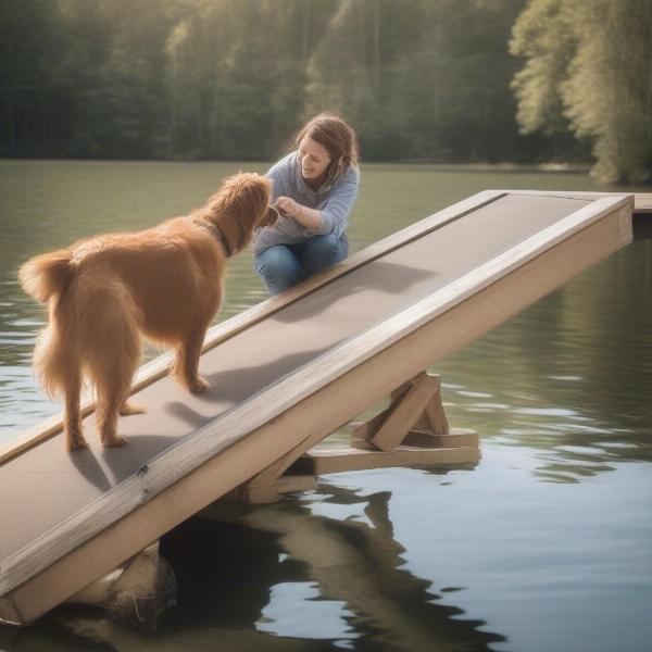 Dog being trained to use a water ramp