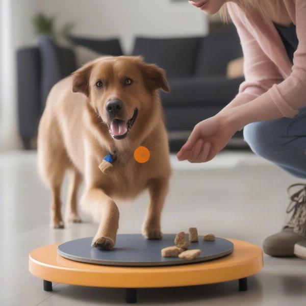 Dog learning to use wobble board