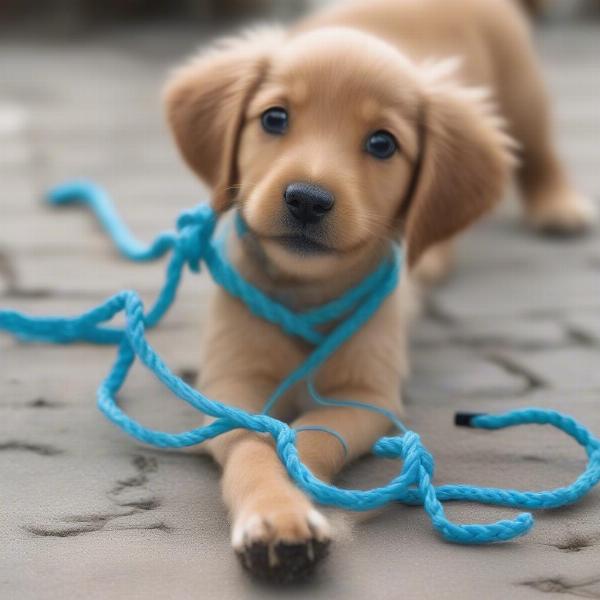 Dog leash knotted by playful puppy