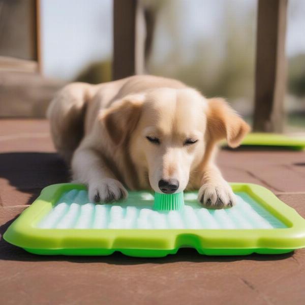 Dog enjoying frozen treat on a lickimat