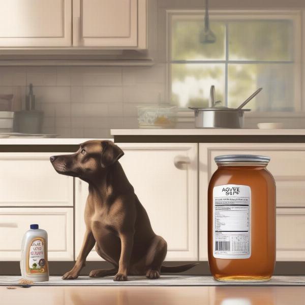 Dog looking curiously at agave syrup