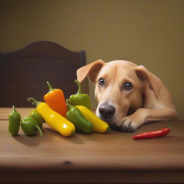 Dog looking at a pepperoncini pepper