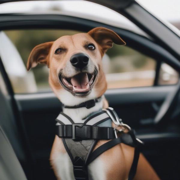 Happy dog wearing a seat belt in the car