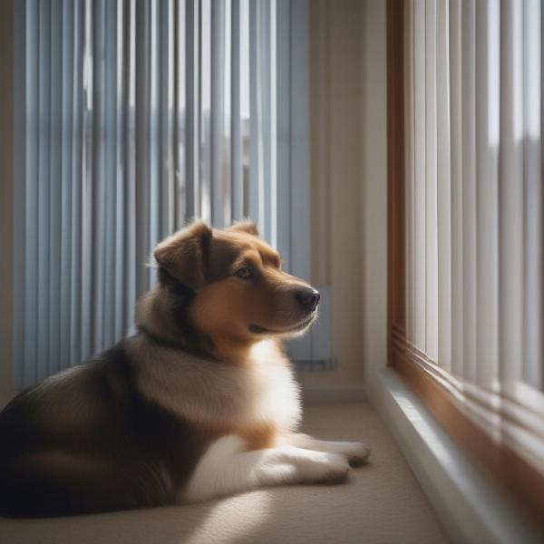 A dog looking out the window through blinds