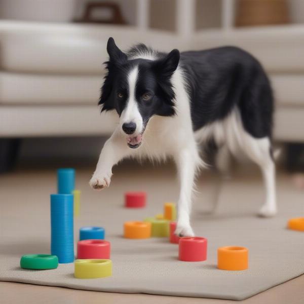 A dog expertly rolling a hot dog treat through an obstacle course.