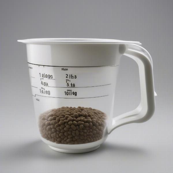 Dog measuring cup filled with kibble