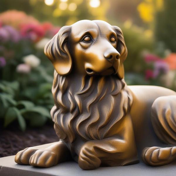 Dog memorial statue placed in a serene garden setting