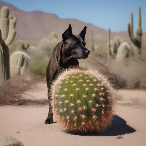 Dog Near Cactus in Desert