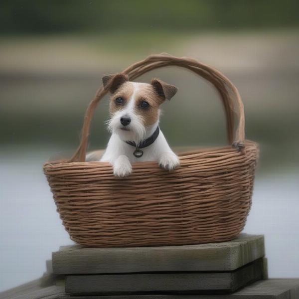 Dog Not Like Fishing: A small terrier sits comfortably in a basket on a dock, watching the water from a safe distance.