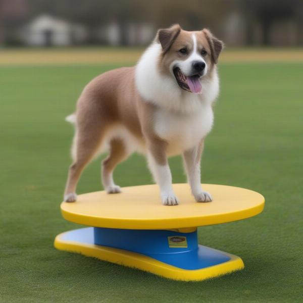 A dog confidently standing on a wobble board