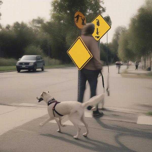 Dog on a leash near a dog crossing sign