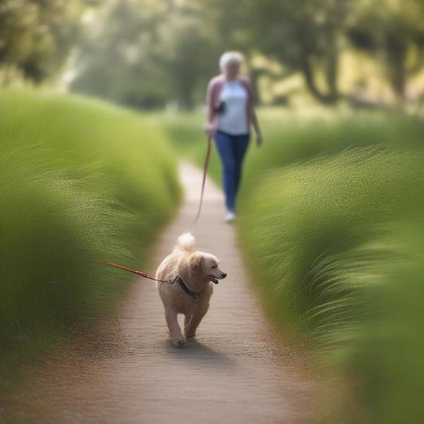 Dog on a leash near tall grass