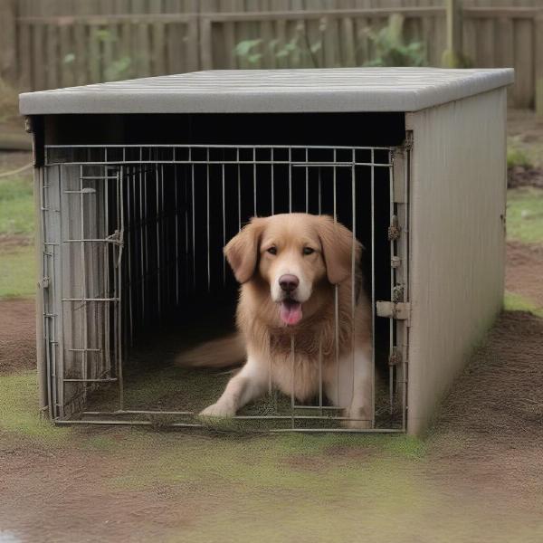 Dog on Muddy Grass in Kennel