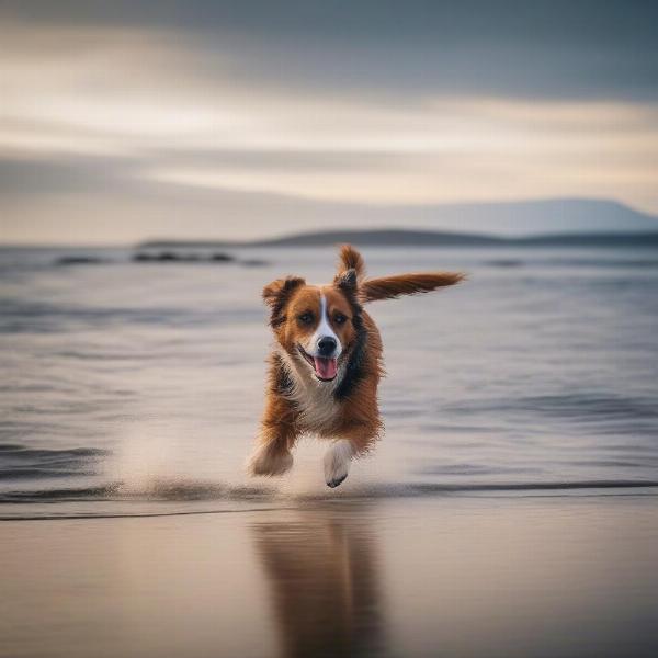 A happy dog running on a sandy beach in Scotland with the ocean in the background.