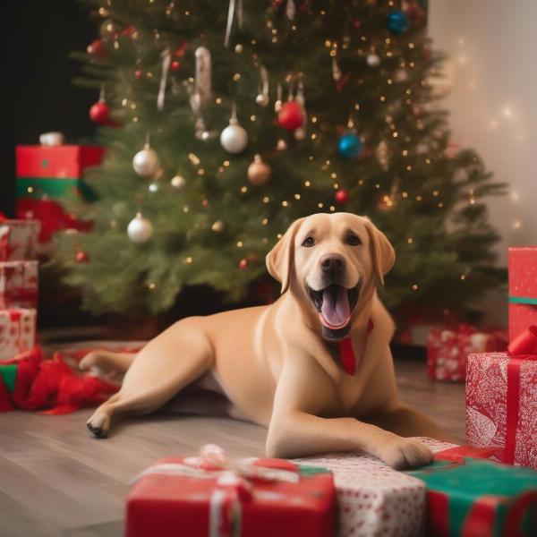 Dog opening a Christmas present under the Christmas tree