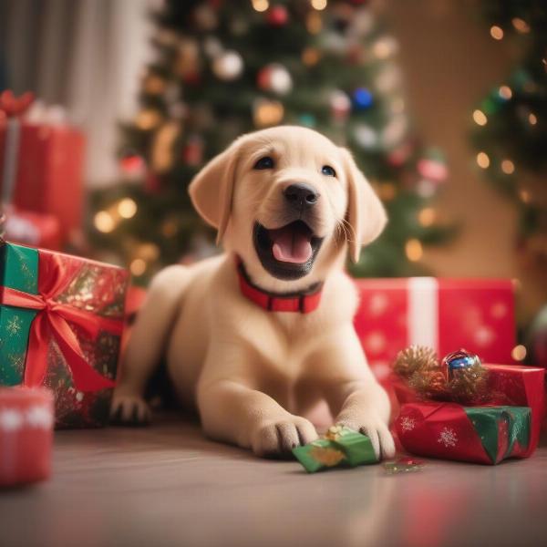 Dog opening presents under a Christmas tree