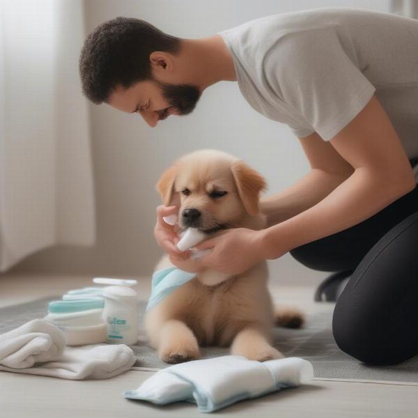 Dog Owner Changing a Dog Diaper