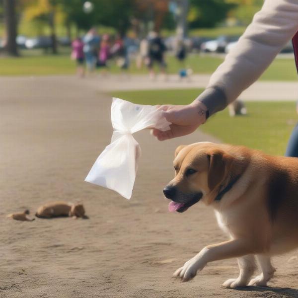 Dog owner responsibly cleaning up after their dog at a Niagara Falls dog park.