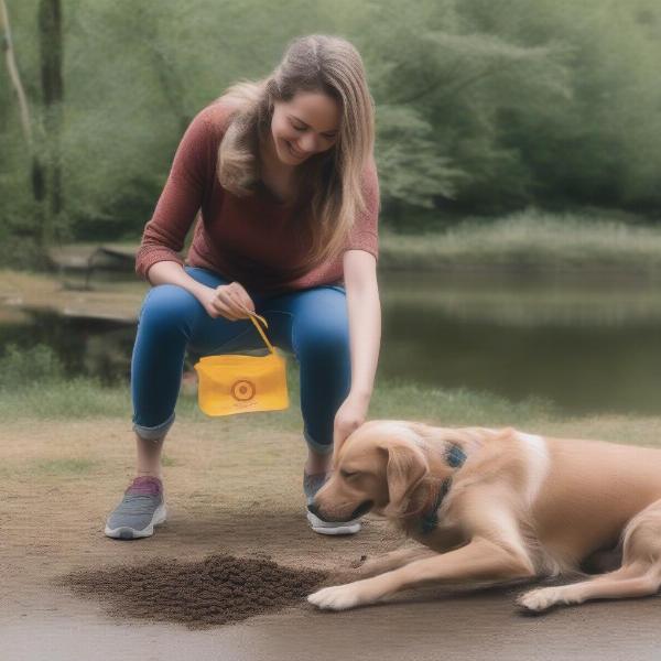 Dog owner cleaning up after their dog at a brewery