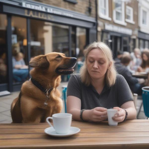 Dog owner enjoying a coffee with their dog at a dog-friendly cafe in Leeds.