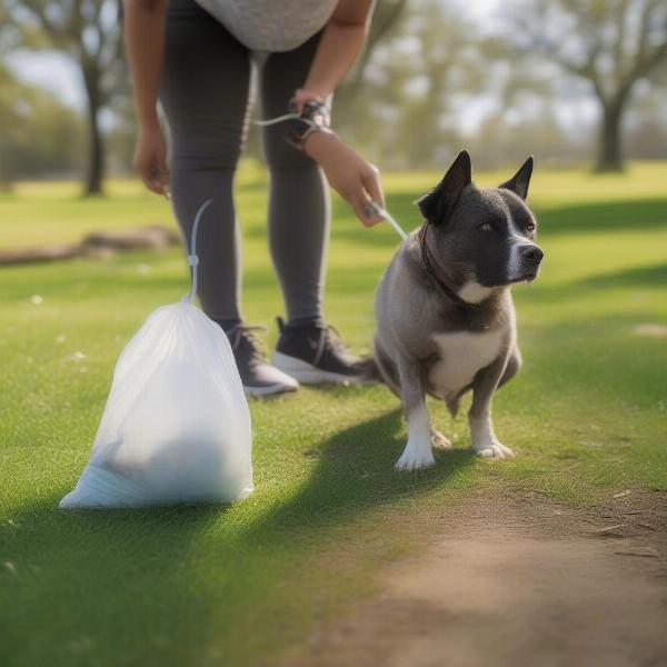 A dog owner picking up dog waste with a biodegradable bag.