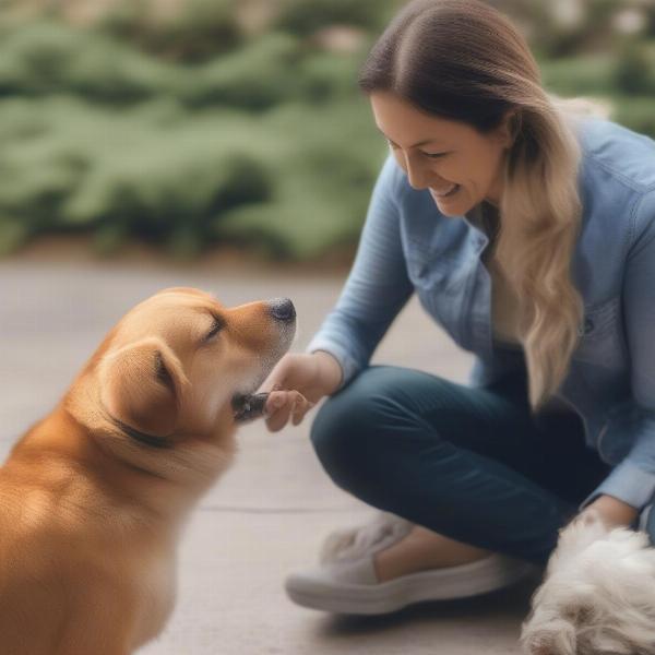 Dog owner fulfilling responsibilities like feeding and walking