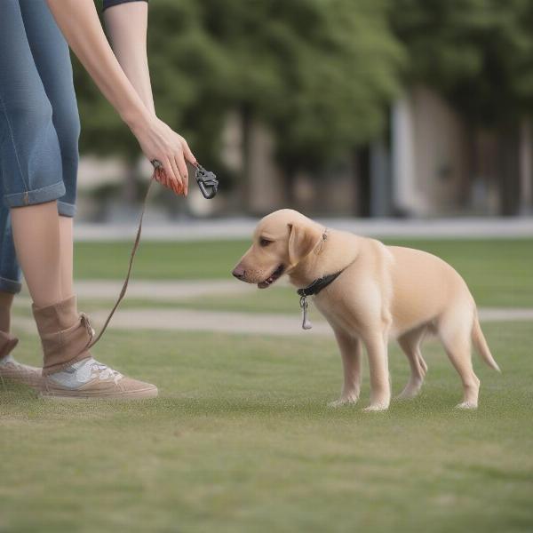 Dog owner training puppy outdoors