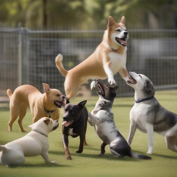 Dogs playing friendly at a dog park in Inverness