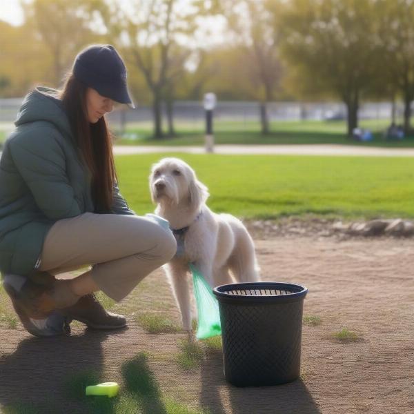 Dog owner picking up dog waste in an enclosed dog park