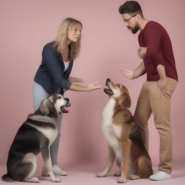 Dog owners separating their dogs during a minor disagreement at a dog park.