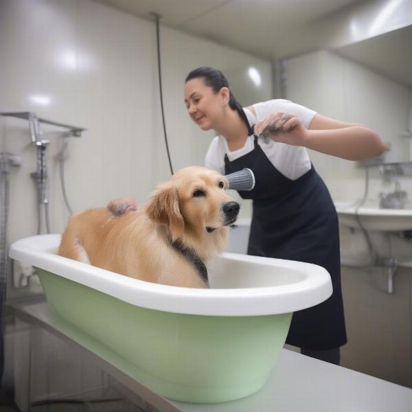 Dog being bathed at a Roodepoort dog parlour