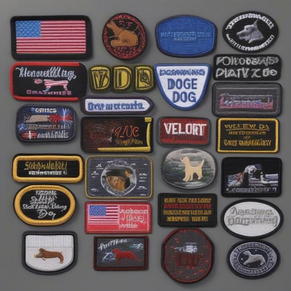 Various dog patches with velcro backing showcasing different designs and purposes